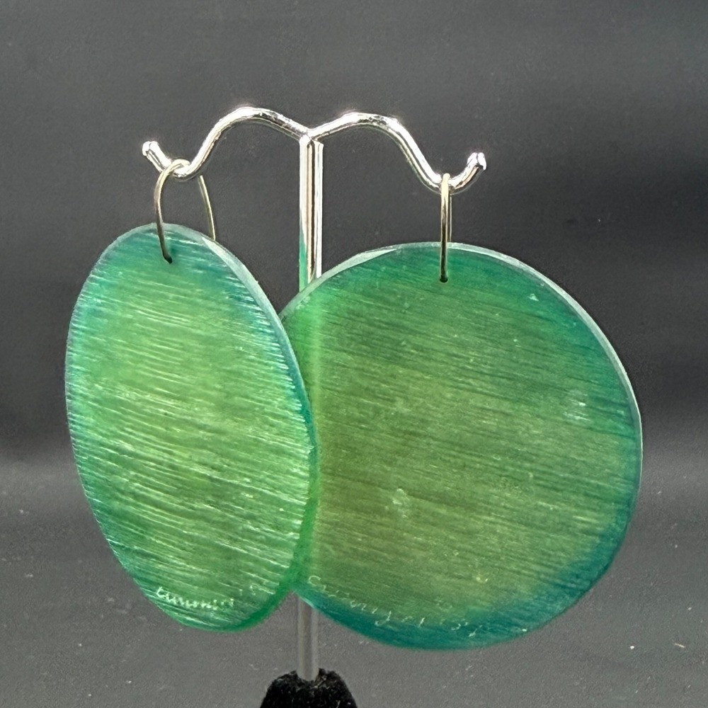 Handmade Signed Contemporary Resin Disc Earrings – 2.5" Bold Green & Blue Stripe